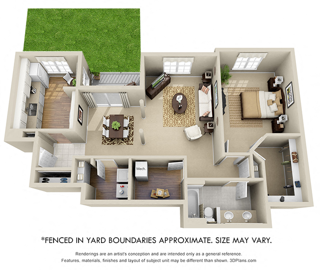 Floor plan for 1 bed, 1 bath, 1069 sqft